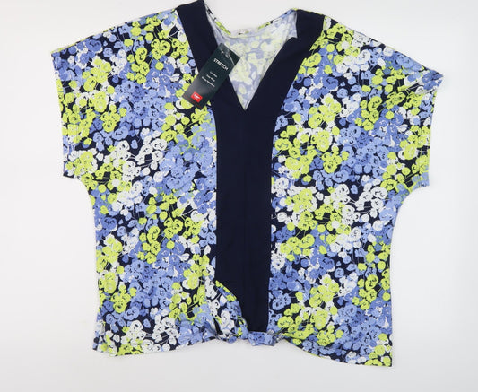 Cotton Traders Women's Blue Floral V-Neck Top Size 16