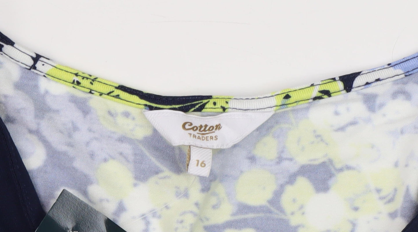 Cotton Traders Women's Blue Floral V-Neck Top Size 16