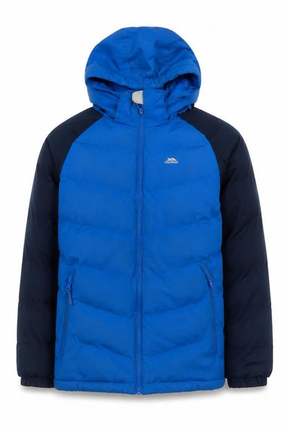 Front view of Trespass boys’ blue puffer jacket waterproof 9-10 years
