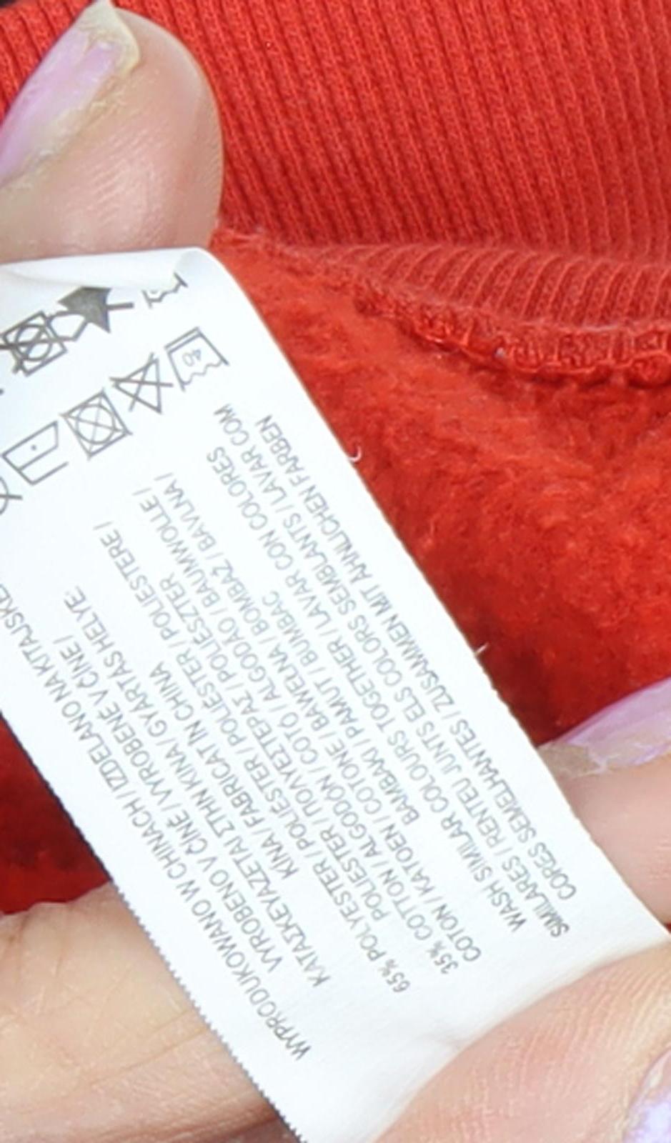 Brand and care label for Disney unisex red mickey mouse xs pullover hoodie