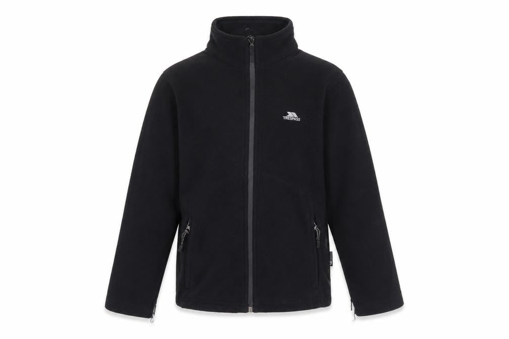 Front view of Trespass boys’ black basic jacket, size 9-10, full zip