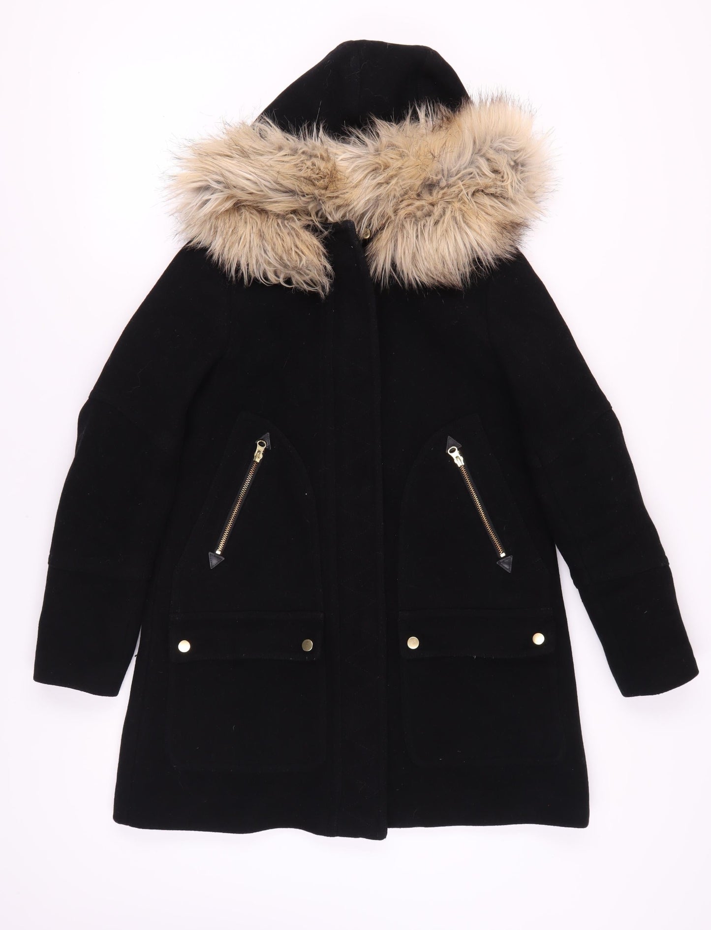 J.Crew Women’s Black Wool Parka with Fur Trim Size 2