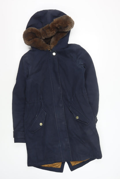 Jones Women's Blue Hooded Fur Trim Coat Size 14