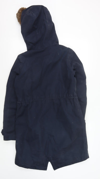 Jones Women's Blue Hooded Fur Trim Coat Size 14
