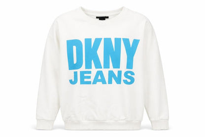 Front view of DKNY JEANS unisex white sweatshirt l graphic print