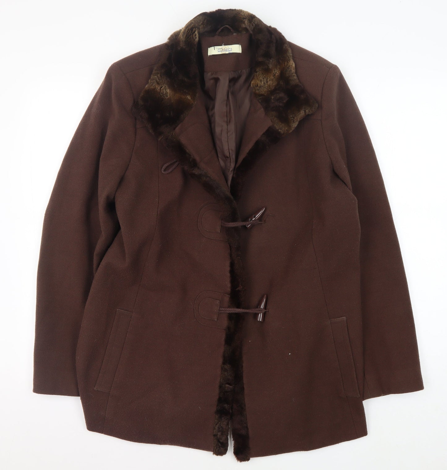Classics Women's Brown Fur Trim Overcoat Size 14
