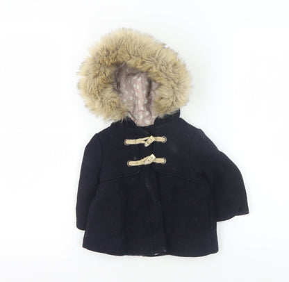 Zara Unisex Baby Black Duffle Coat 6-9M Fur Trimmed