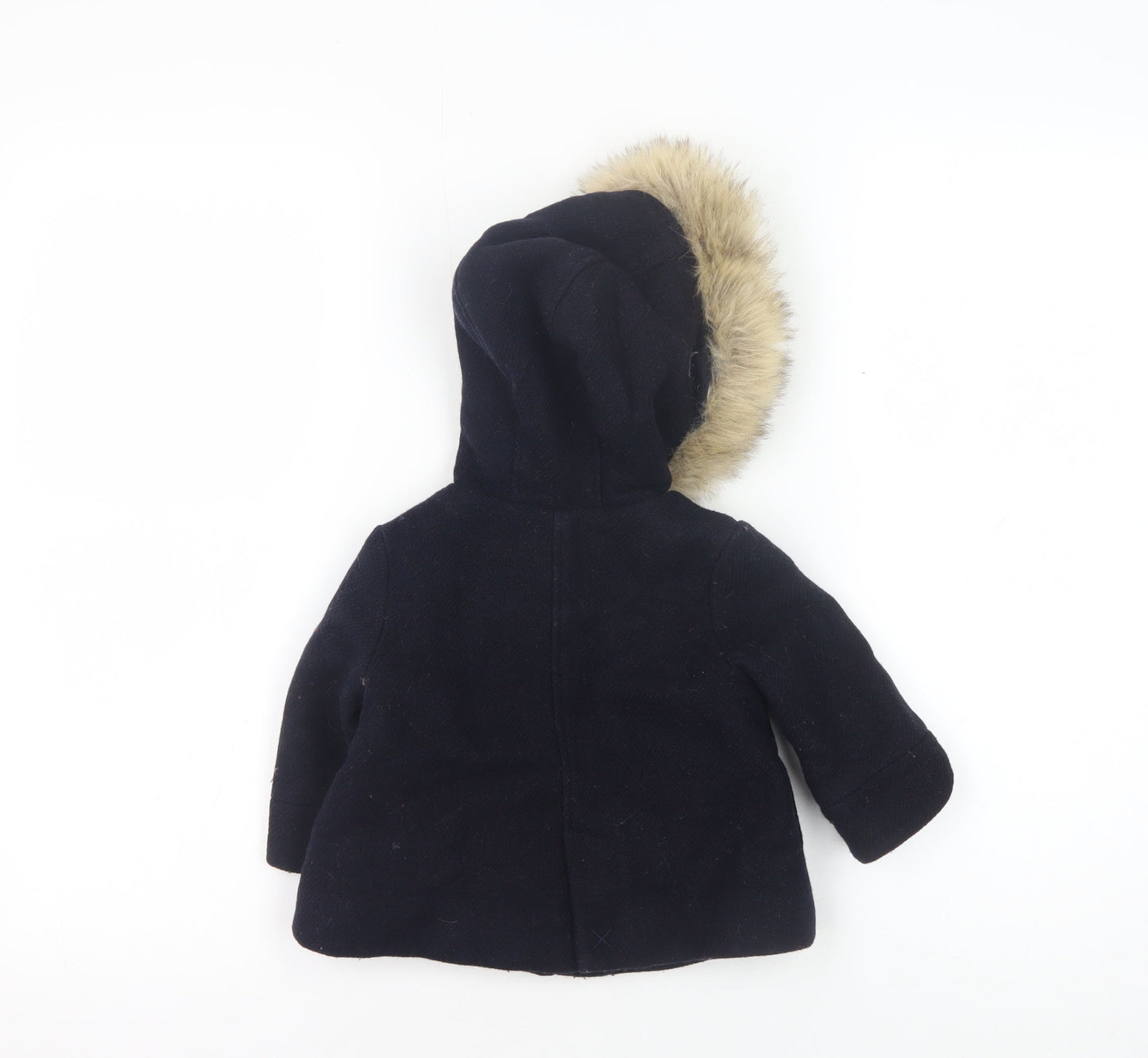 Zara Unisex Baby Black Duffle Coat 6-9M Fur Trimmed