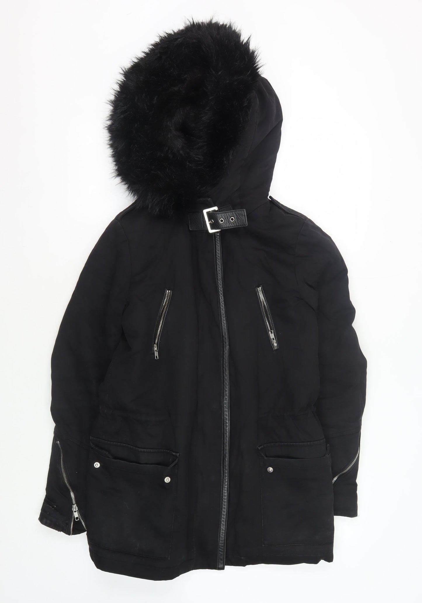 Maje Women's Black Hooded Coat Size 8 with Fur Trim