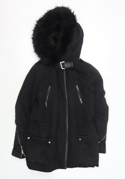 Maje Women's Black Hooded Coat Size 8 with Fur Trim