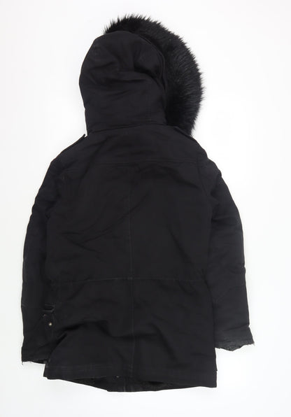 Maje Women's Black Hooded Coat Size 8 with Fur Trim