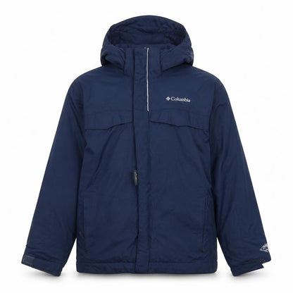 Front view of Columbia boys’ blue hooded parka jacket small winter