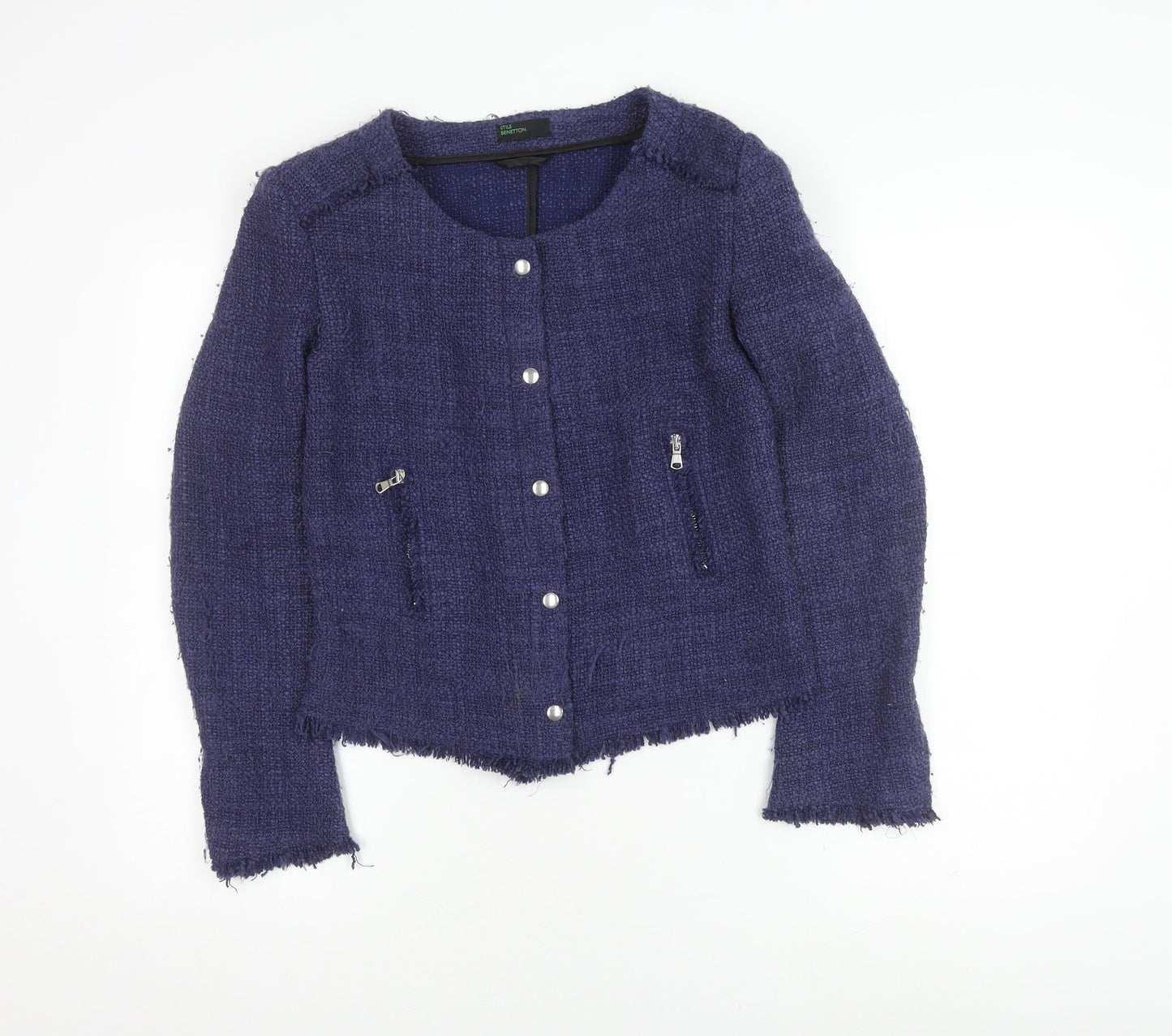 Benetton Women's Blue Bouclé Blazer, Size 12, Classic Fit