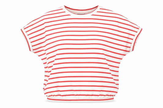 Front view of b.young Women's Red Striped Sleeveless T-Shirt M