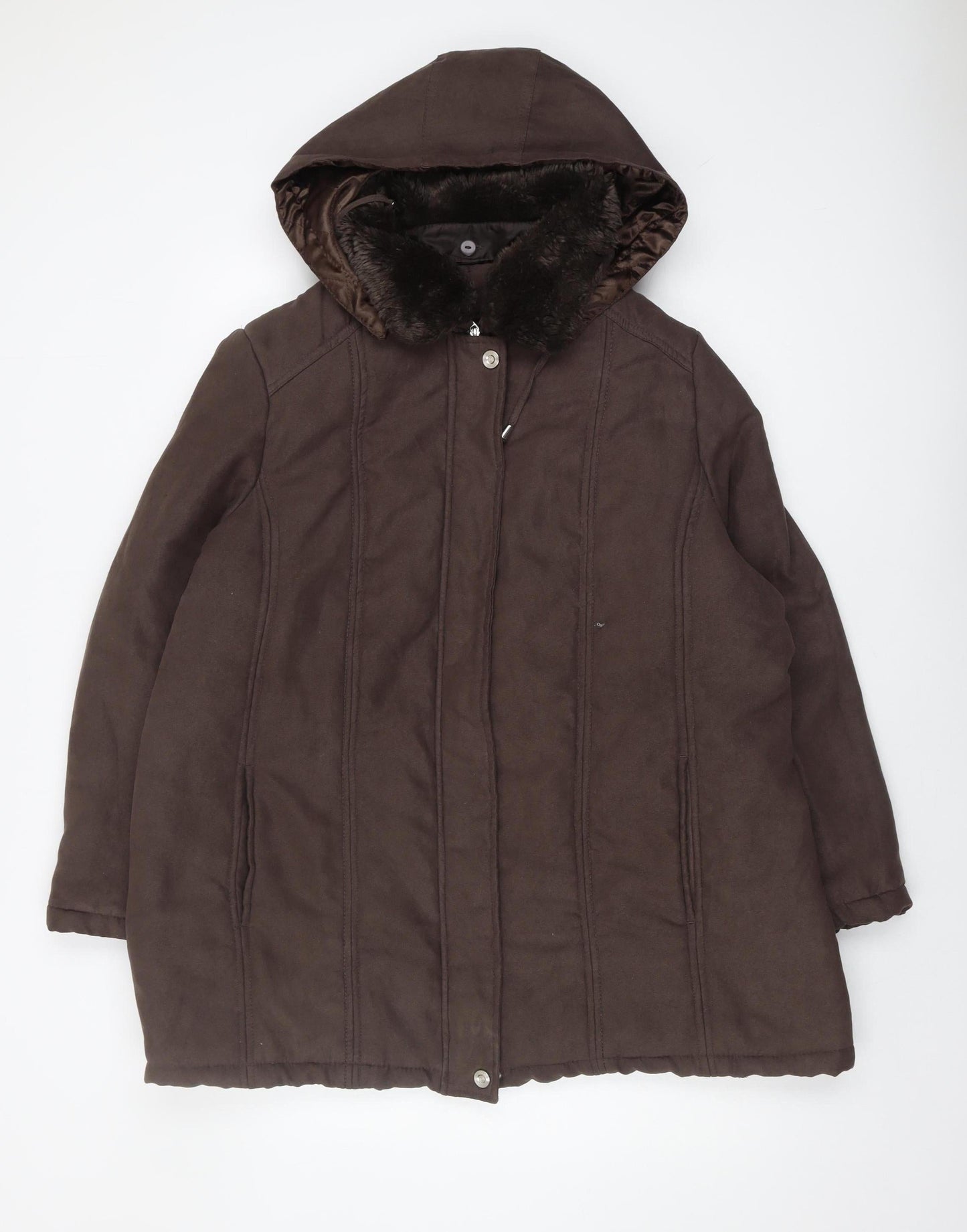 SM Collection Women's Brown Hooded Coat L Fur Trim