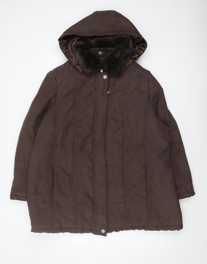 SM Collection Women's Brown Hooded Coat L Fur Trim