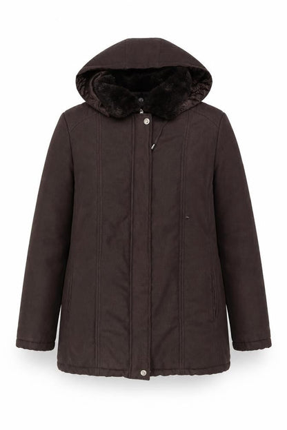 SM Collection Women's Brown Hooded Coat L Fur Trim