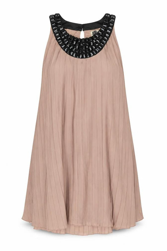 Front view of ICHI Women's Beige Sleeveless Dress, XS Size