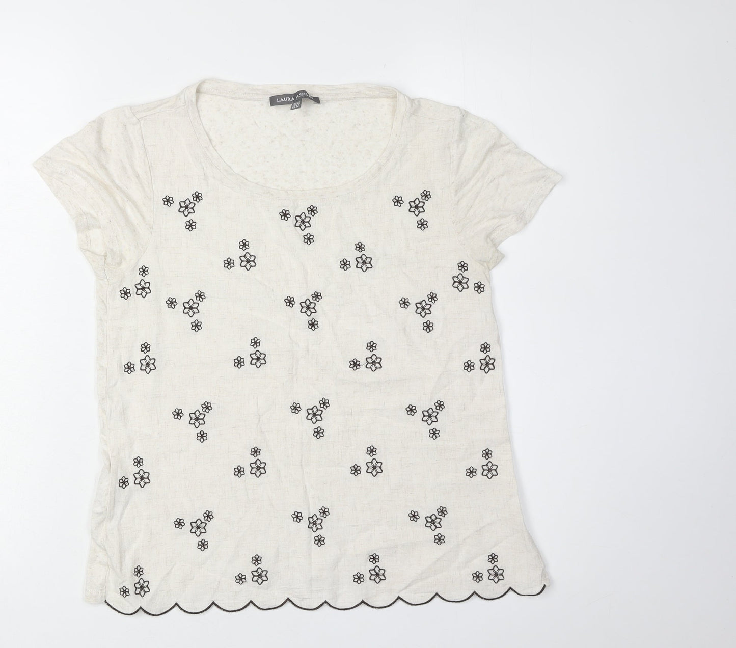 Laura Ashley Women's Ivory Floral Embroidered T-Shirt Size 10