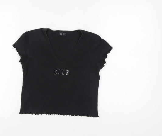ELLE Women's Black V-Neck T-Shirt, Size M