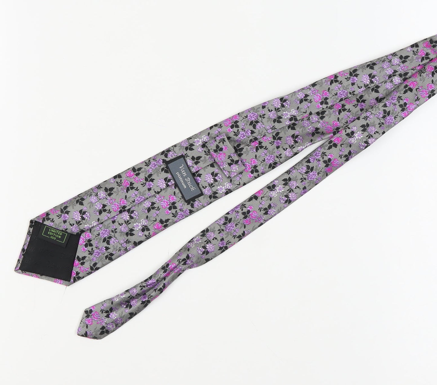 Van Buck Platinum Grey Floral Silk Men's Tie One Size