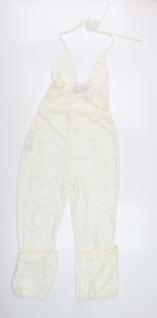 PrettyLittleThing White Floral Halter Jumpsuit Size 12