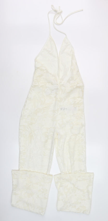 PrettyLittleThing White Floral Halter Jumpsuit Size 12