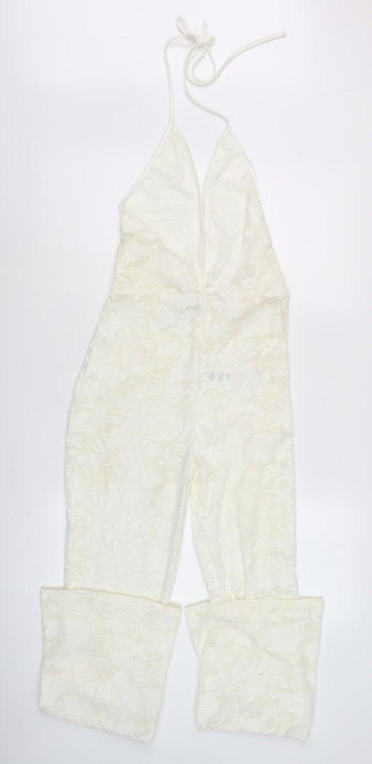 PrettyLittleThing White Floral Halter Jumpsuit Size 12