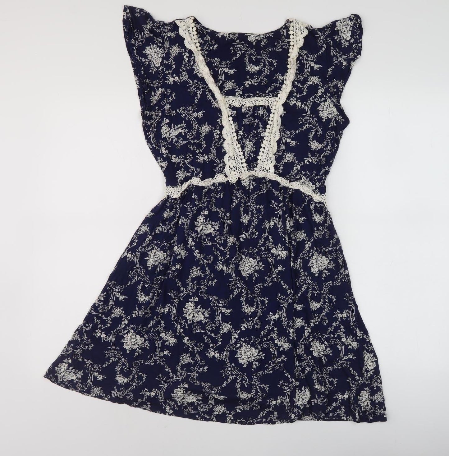 Oasis Women's Blue A-Line Floral V-Neck Dress Size M