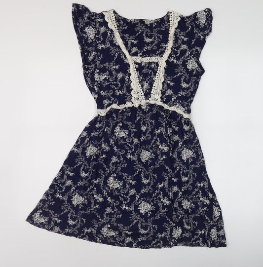 Oasis Women's Blue A-Line Floral V-Neck Dress Size M