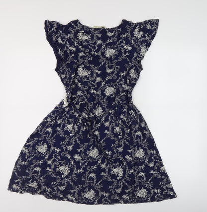 Oasis Women's Blue A-Line Floral V-Neck Dress Size M