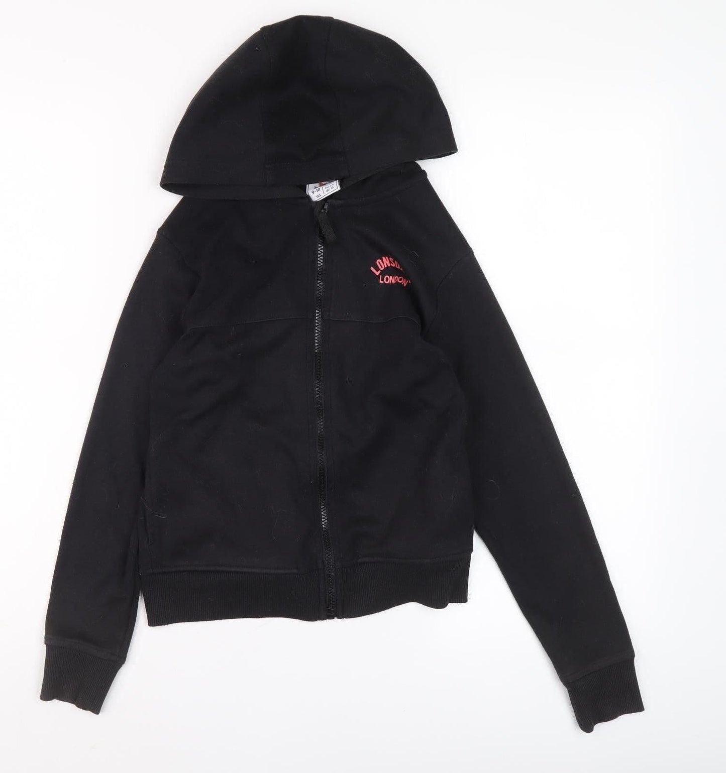 Lonsdale Boys Black Hoodie 9-10Y Full Zip Logo Casual