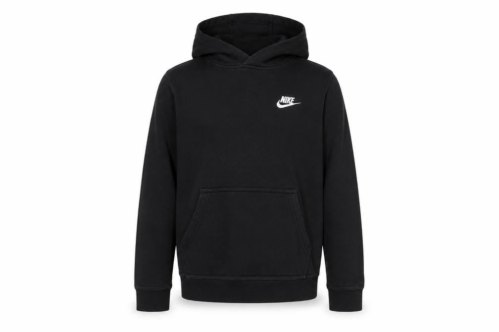 Front view of Nike boys’ black pullover hoodie, size L