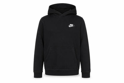 Front view of Nike boys’ black pullover hoodie, size L
