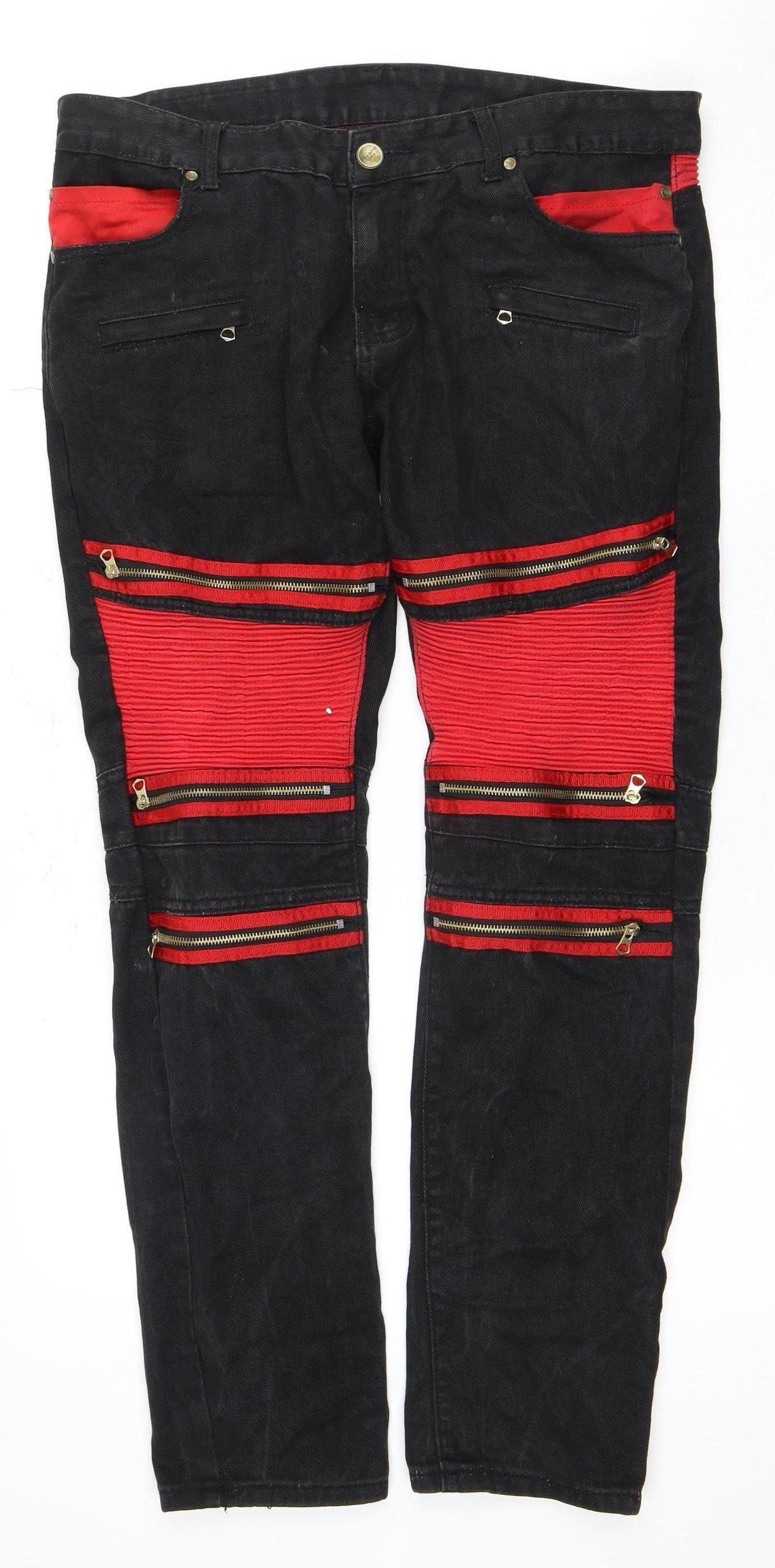 Bie Pa Men's Black Denim Jeans with Red Zip Accents - Size 36