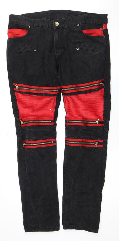 Bie Pa Men's Black Denim Jeans with Red Zip Accents - Size 36
