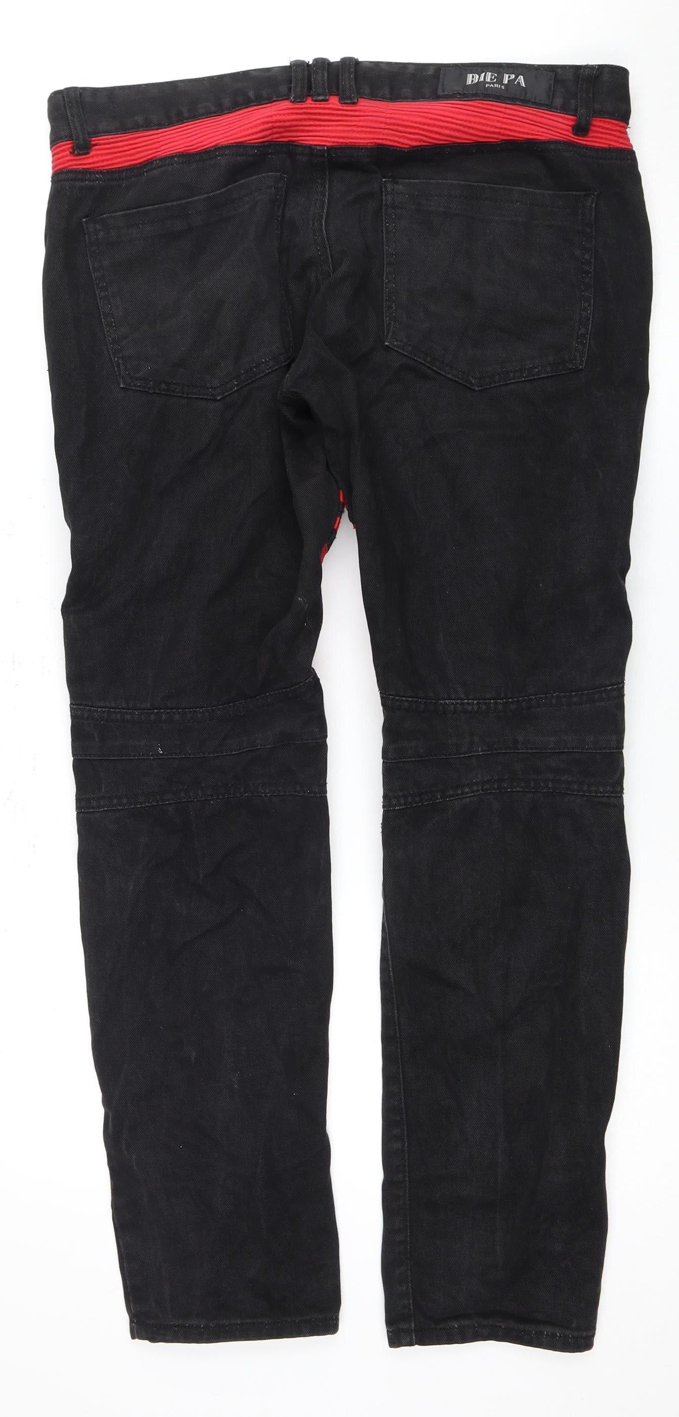 Bie Pa Men's Black Denim Jeans with Red Zip Accents - Size 36