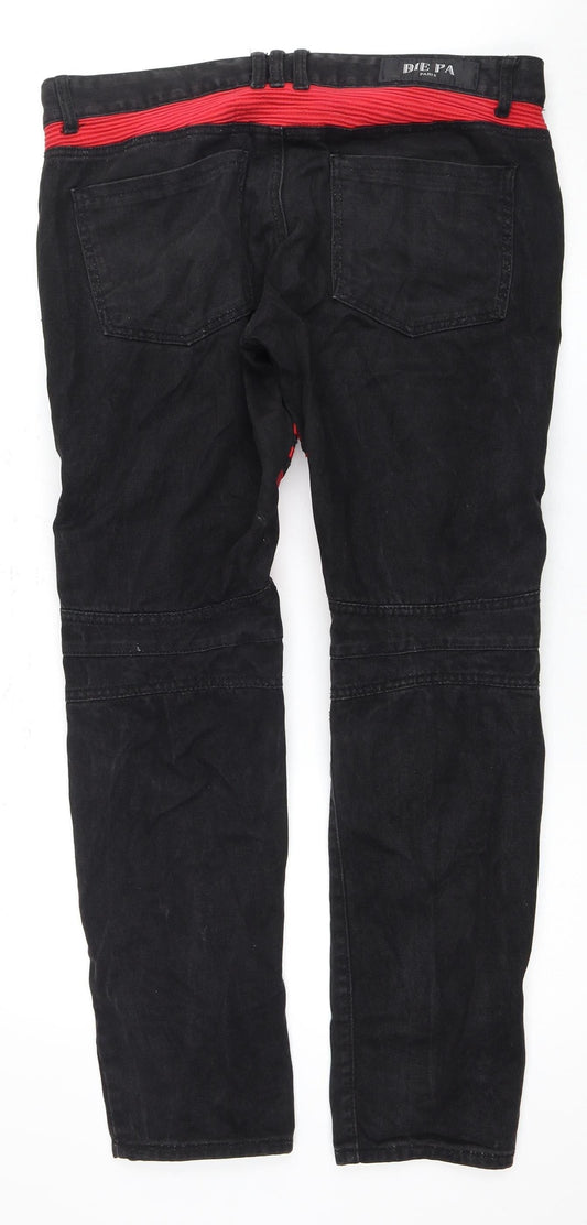Bie Pa Men's Black Denim Jeans with Red Zip Accents - Size 36