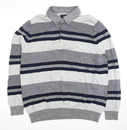 Atlantic Bay Men's Grey Striped Collared Pullover Jumper - Size L