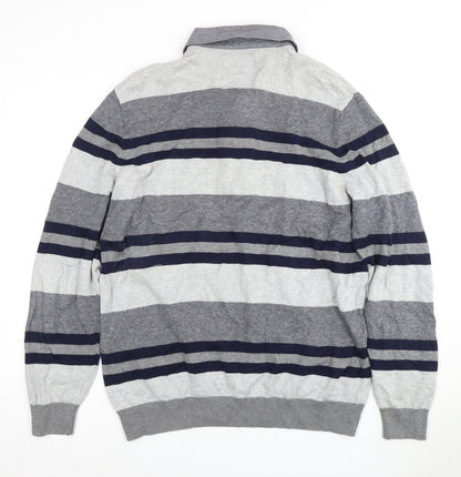 Atlantic Bay Men's Grey Striped Collared Pullover Jumper - Size L