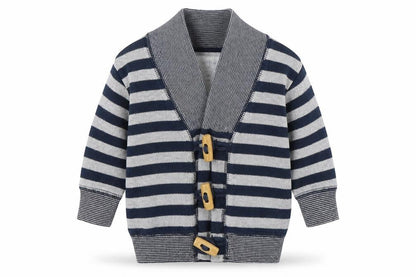 Front view of Next unisex baby cardigan, grey striped, 3-6 months, button closure