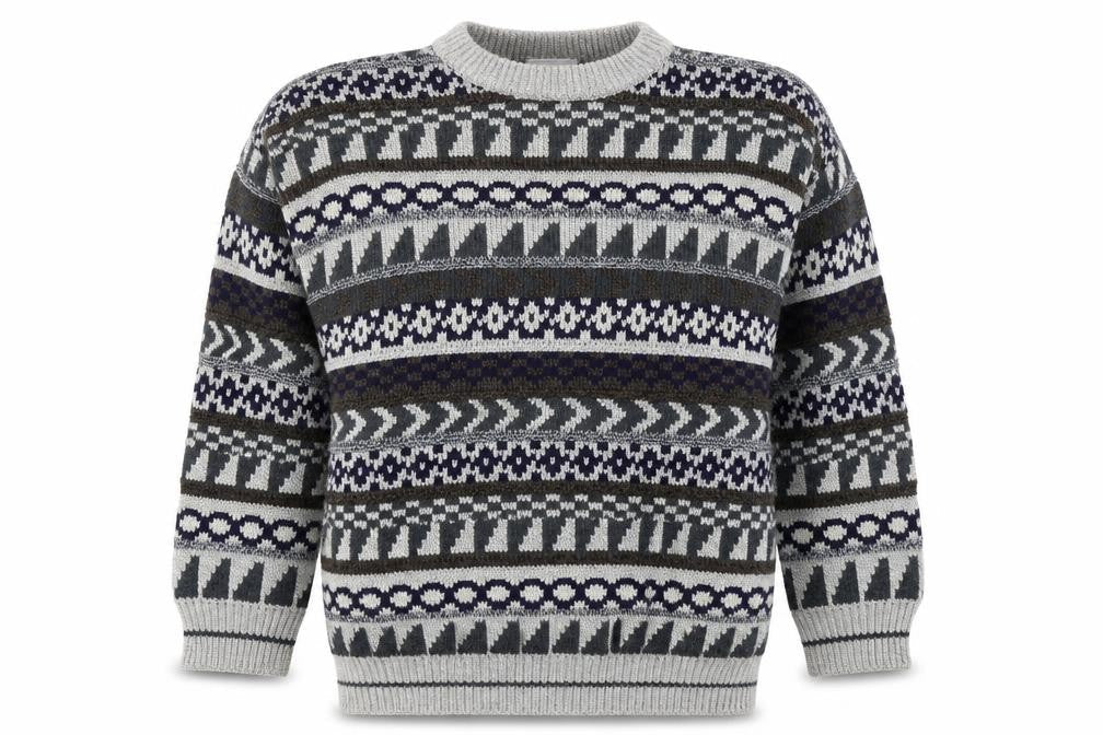 Front view of Aitch unisex multicoloured geometric jumper