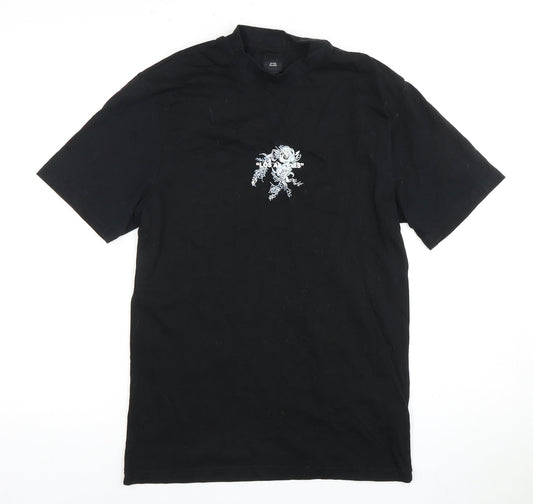 River Island Men's Black S T-Shirt, Crew Neck, Embroidered Accent