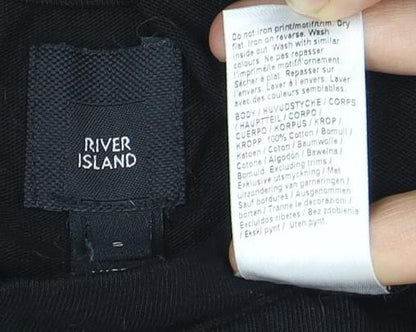 River Island Men's Black S T-Shirt, Crew Neck, Embroidered Accent