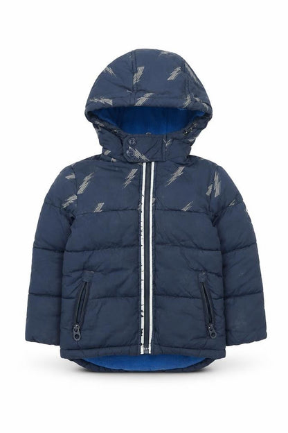 Front view of Joules boys’ blue puffer jacket 2 years winter coat