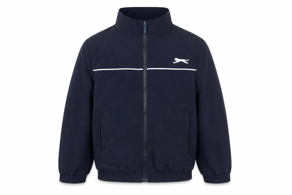 Front view of Slazenger boys’ black track jacket, size 7-8, full zip
