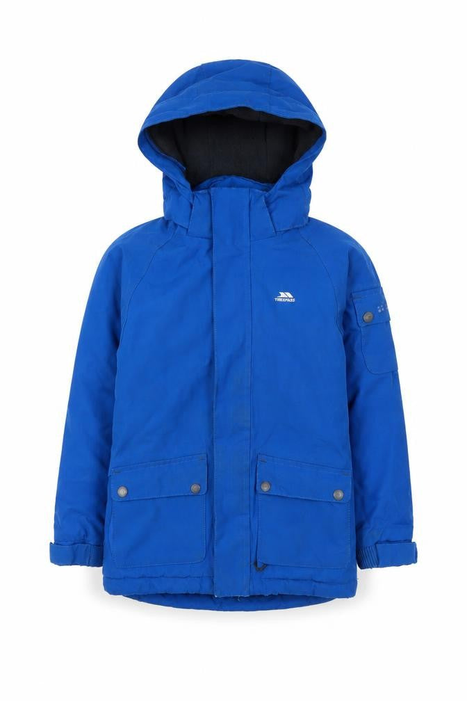 Front view of Trespass boys’ blue parka jacket 5-6 years waterproof winter