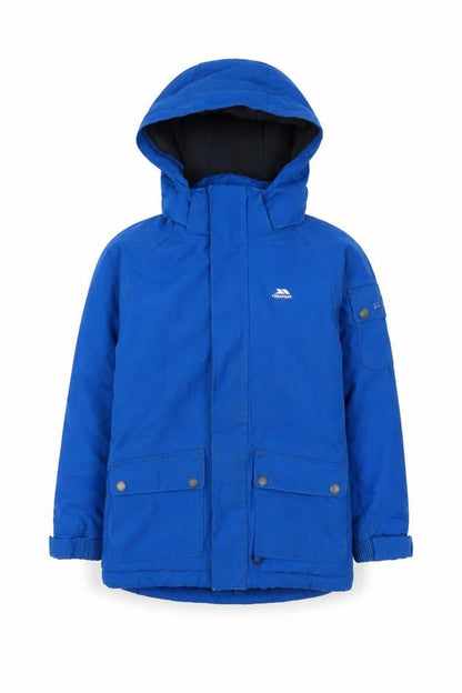 Front view of Trespass boys’ blue parka jacket 5-6 years waterproof winter