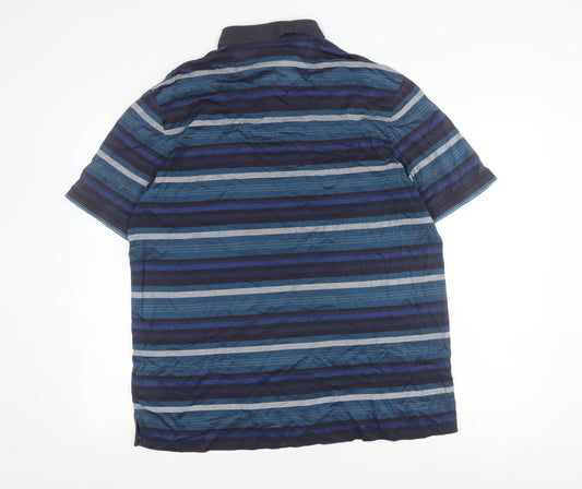 Marks and Spencer Men's Blue Striped Polo Shirt L