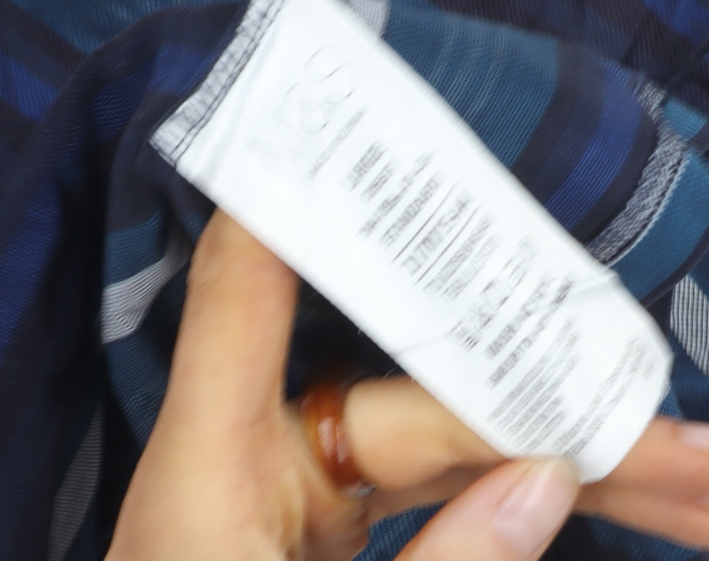 Marks and Spencer Men's Blue Striped Polo Shirt L